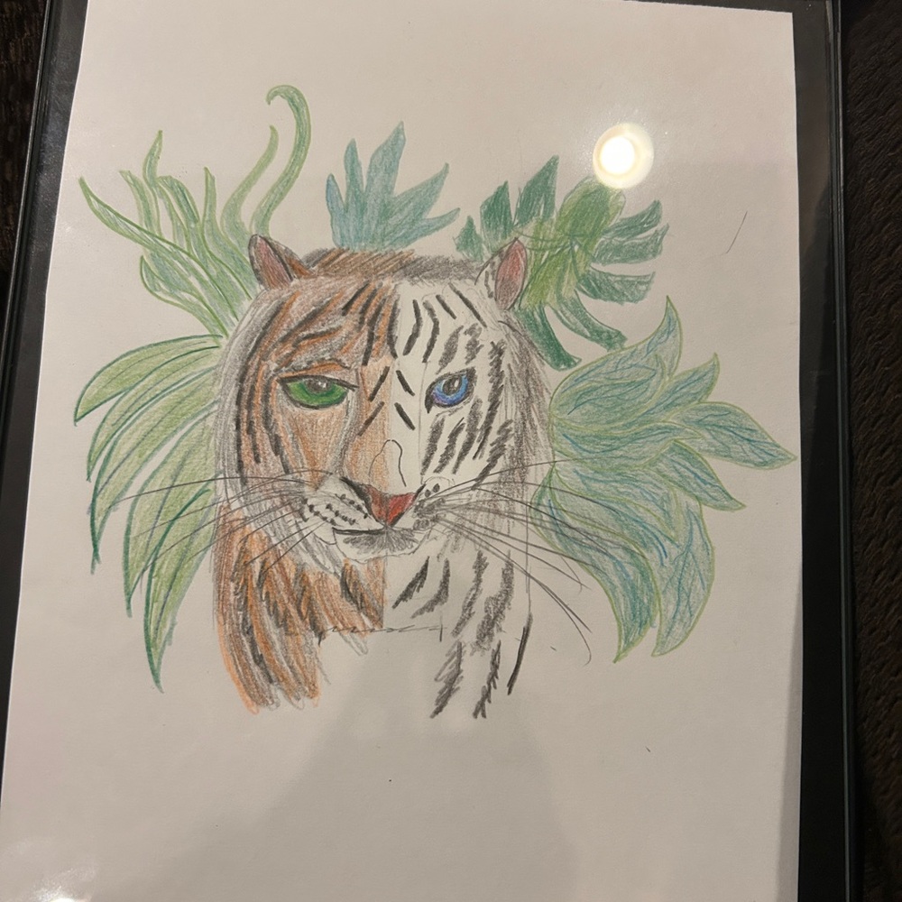 Hand-Drawn Tiger Portrait Art Print in Green and Brown